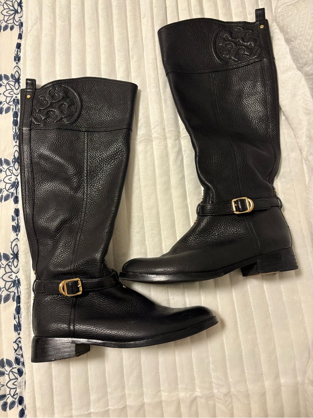 Tory Burch Black Leather Knee-High Buckle Boots